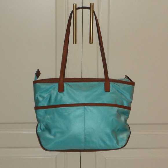 MICHAEL KORS Turquoise Canvas & Leather Shoulder Purse Handbag - Picture 3 of 8